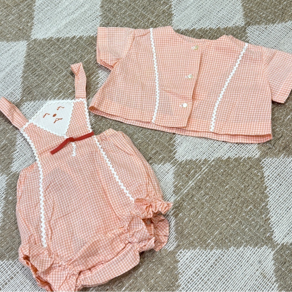 Vintage 80s Nanette baby set gingham embroidered trim romper ruffle cardigan top